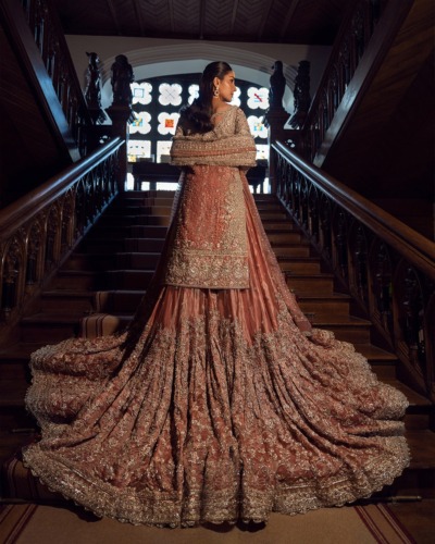 Tea Pink Pakistani Bridal Tissue Shirt and Gharara - Image 2