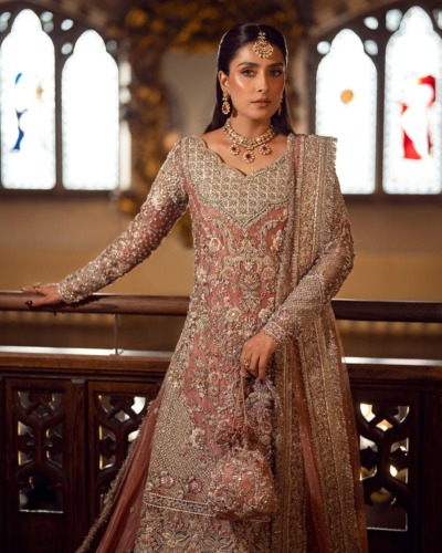 Tea Pink Pakistani Bridal Tissue Shirt and Gharara - Image 3