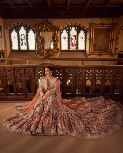 Tea Pink Pakistani Bridal Tissue Shirt and Gharara - Image 4