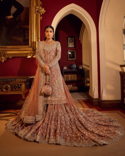 Tea Pink Pakistani Bridal Tissue Shirt and Gharara