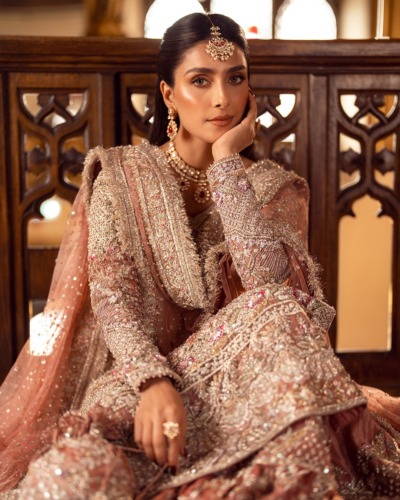 Tea Pink Pakistani Bridal Tissue Shirt and Gharara - Image 6