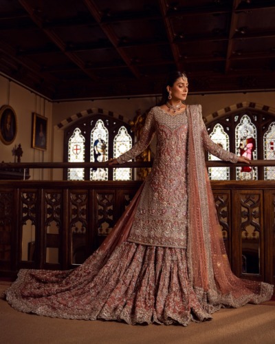 Tea Pink Pakistani Bridal Tissue Shirt and Gharara - Image 7