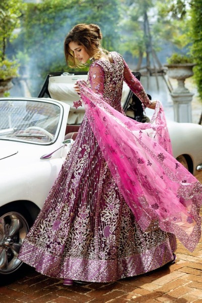 Traditional Pakistani Net Wedding Magenta Pishwas - Image 5