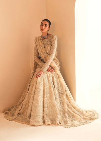 Ivory Pearl Pakistani Bridal Short Shirt Lehenga Style - Image 5