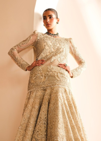 Ivory Pearl Pakistani Bridal Short Shirt Lehenga Style - Image 6