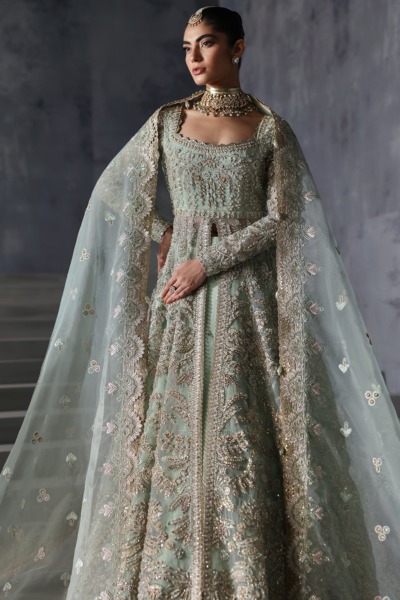 Luxurious Open Gown with Lehenga Pakistani Bridal Wear - Image 3