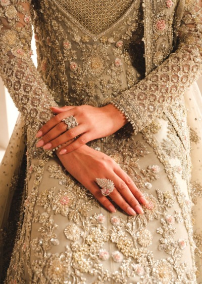 Luxurious Pakistani Bridal Gown With Lehenga In Silver Grey