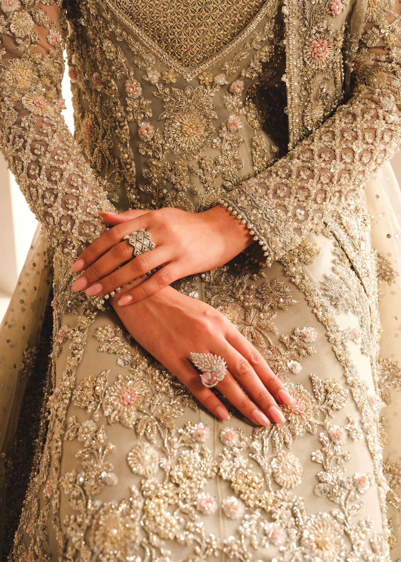 Luxurious Pakistani Bridal Gown With Lehenga In Silver Grey