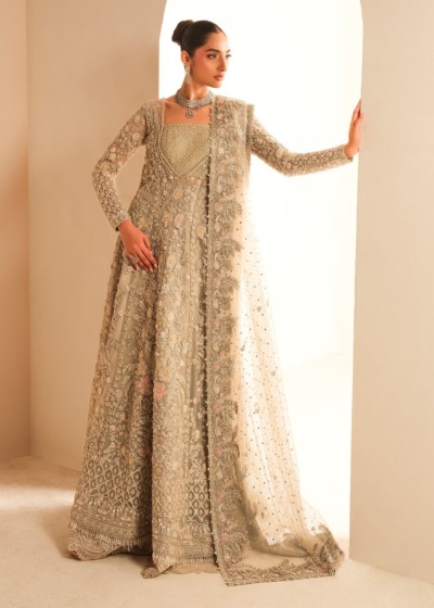 Luxurious Pakistani Bridal Gown With Lehenga In Silver Grey - Image 5