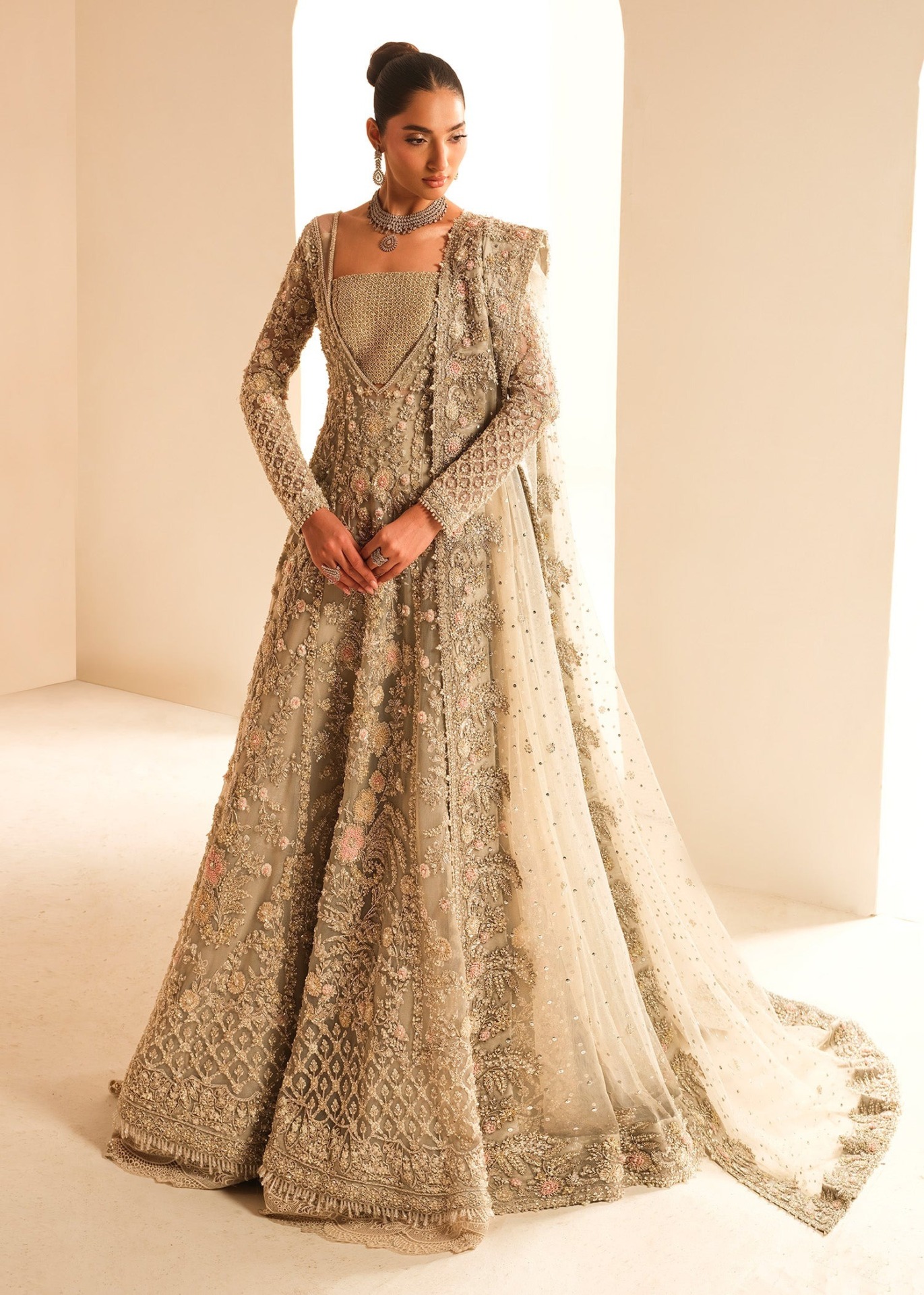 Luxurious Pakistani Bridal Gown With Lehenga In Silver Grey