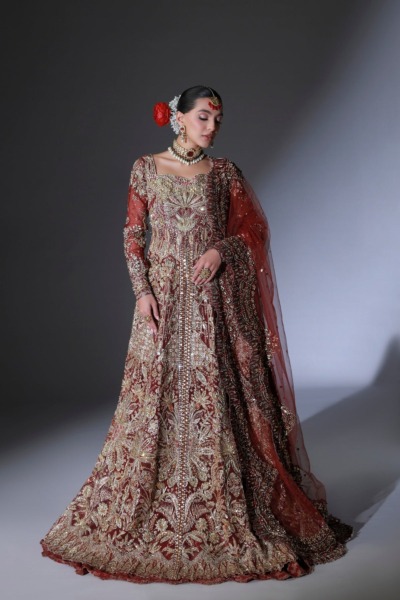 Pakistani Bridal Wear Scarlet Red Open Gown with Lehenga