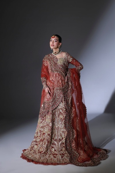 Pakistani Bridal Wear Scarlet Red Open Gown with Lehenga - Image 7