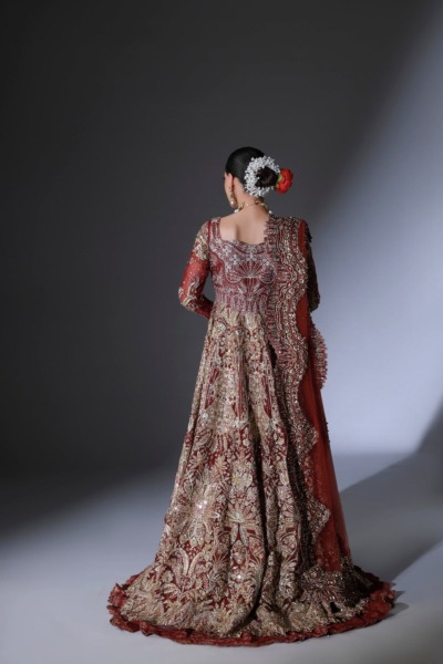 Pakistani Bridal Wear Scarlet Red Open Gown with Lehenga - Image 8