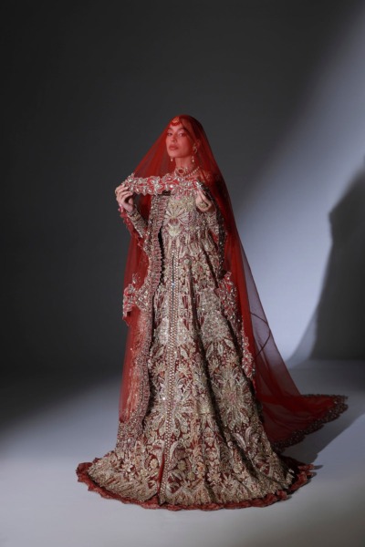 Pakistani Bridal Wear Scarlet Red Open Gown with Lehenga - Image 2