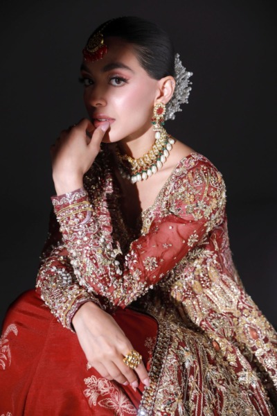 Pakistani Bridal Wear Scarlet Red Open Gown with Lehenga - Image 3