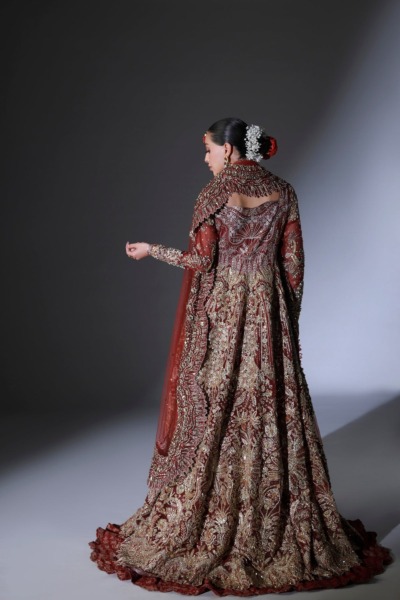 Pakistani Bridal Wear Scarlet Red Open Gown with Lehenga - Image 6