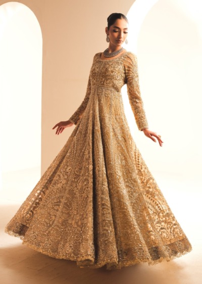 Pakistani Bridal Wear in Gold Tissue Gown Lehenga Style