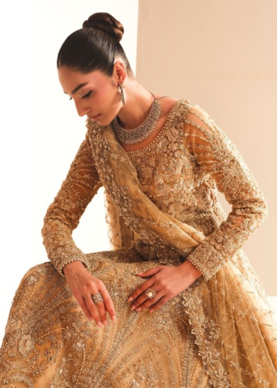 Pakistani Bridal Wear in Gold Tissue Gown Lehenga Style