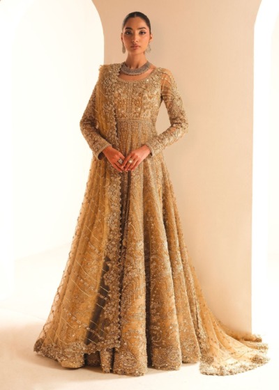 Pakistani Bridal Wear in Gold Tissue Gown Lehenga Style