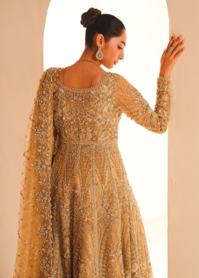 Pakistani Bridal Wear in Gold Tissue Gown Lehenga Style