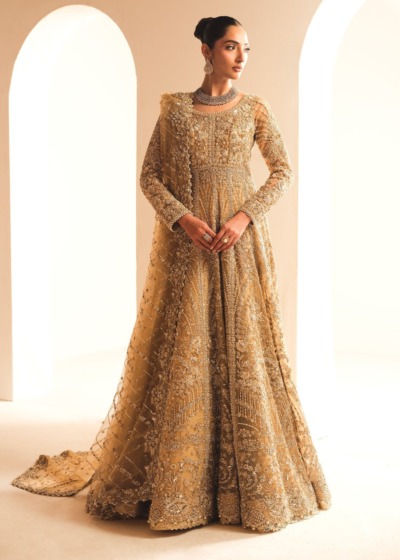 Pakistani Bridal Wear in Gold Tissue Gown Lehenga Style