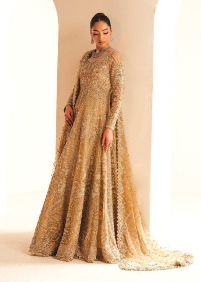 Pakistani Bridal Wear in Gold Tissue Gown Lehenga Style