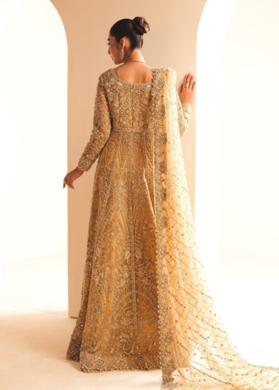 Pakistani Bridal Wear in Gold Tissue Gown Lehenga Style