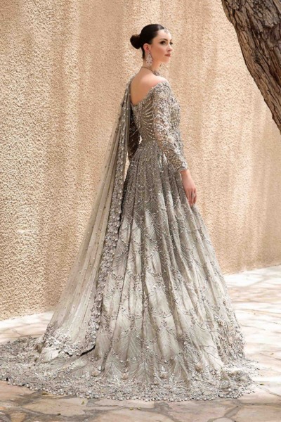 Pakistani Bridal Wear in Grey Silver Gown Dupatta Style