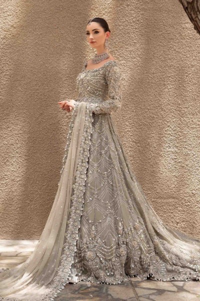 Pakistani Bridal Wear in Grey Silver Gown Dupatta Style