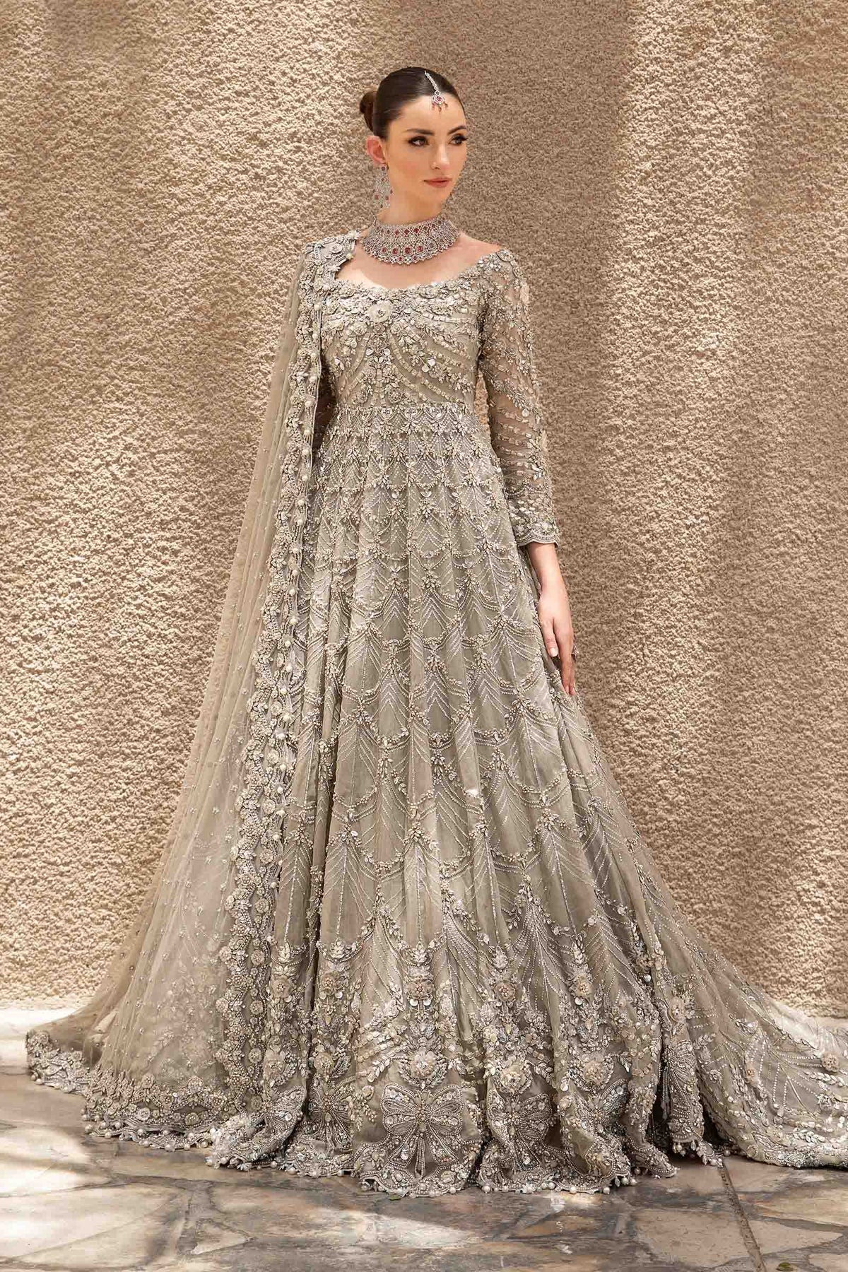 Pakistani Bridal Wear in Grey Silver Gown Dupatta Style