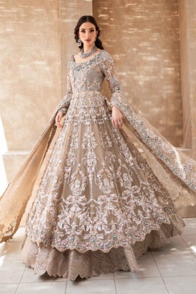 Royal Pakistani Bridal Wear in Beige Frock Lehenga Style - Image 2