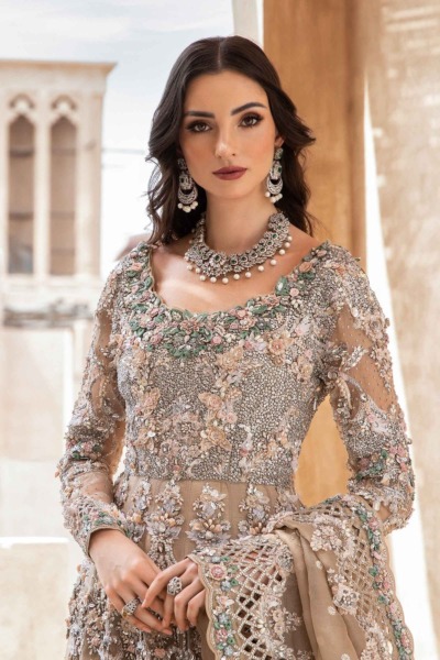 Royal Pakistani Bridal Wear in Beige Frock Lehenga Style - Image 3