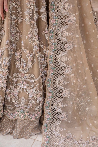 Royal Pakistani Bridal Wear in Beige Frock Lehenga Style - Image 4