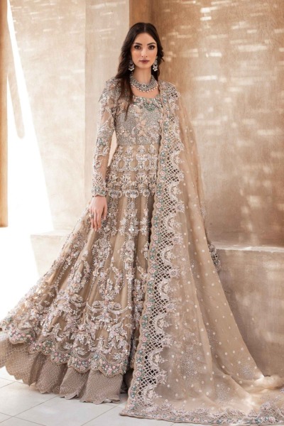 Royal Pakistani Bridal Wear in Beige Frock Lehenga Style