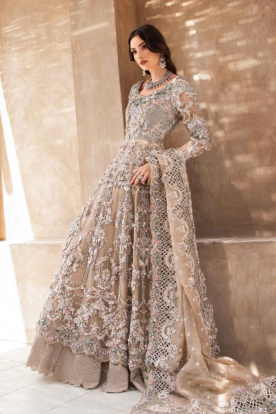 Royal Pakistani Bridal Wear in Beige Frock Lehenga Style - Image 6