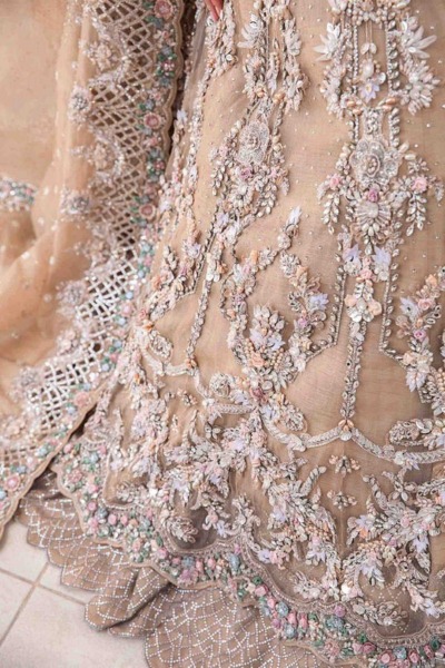 Royal Pakistani Bridal Wear in Beige Frock Lehenga Style - Image 7