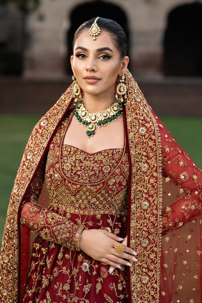 Traditional Pakistani Bridal Maroon Pishwas with Lehenga