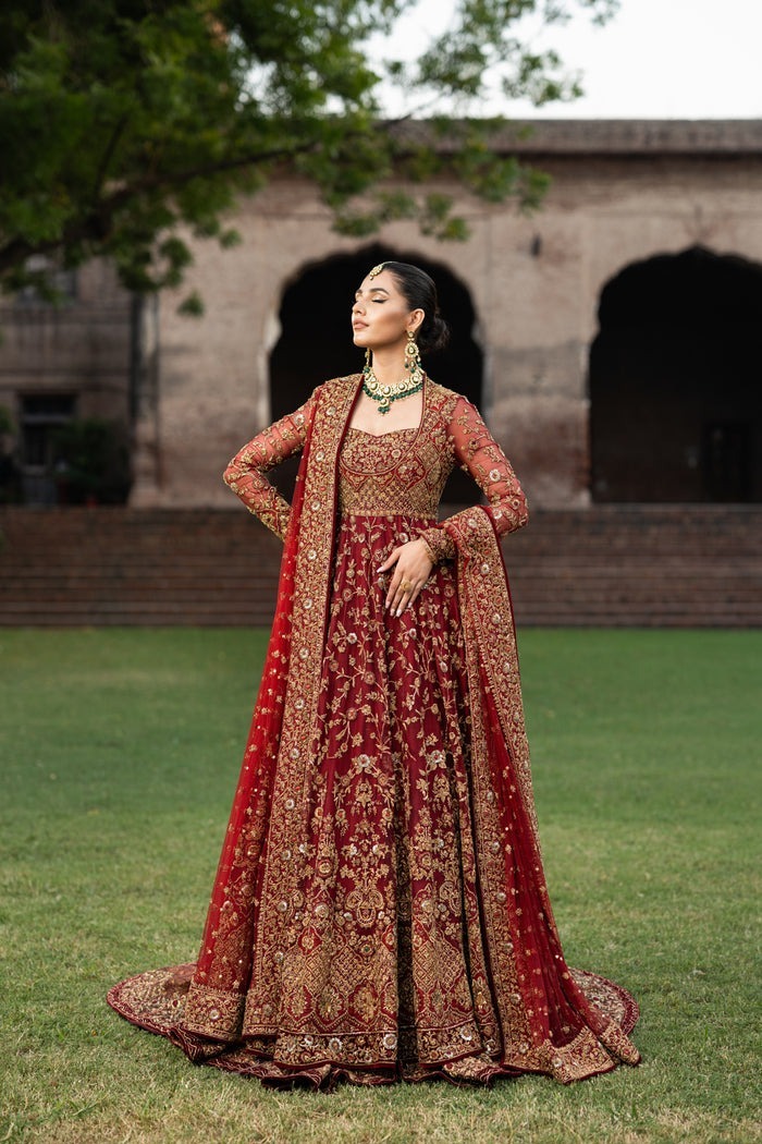 Traditional Pakistani Bridal Maroon Pishwas with Lehenga